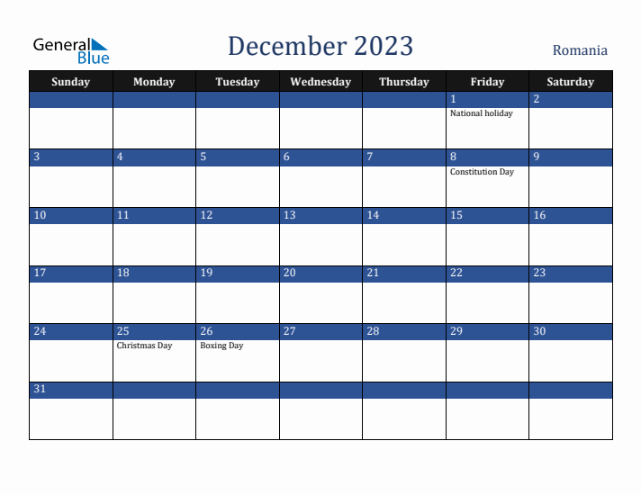 December 2023 Romania Calendar (Sunday Start)