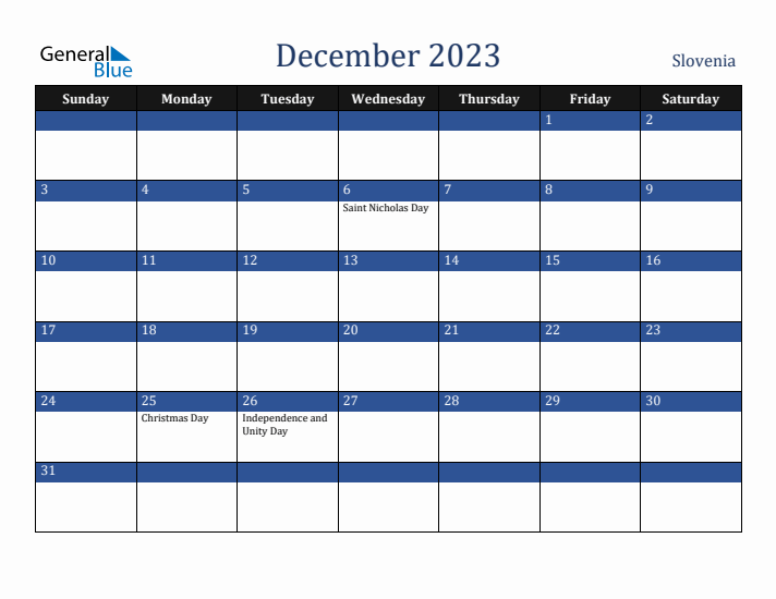 December 2023 Slovenia Calendar (Sunday Start)