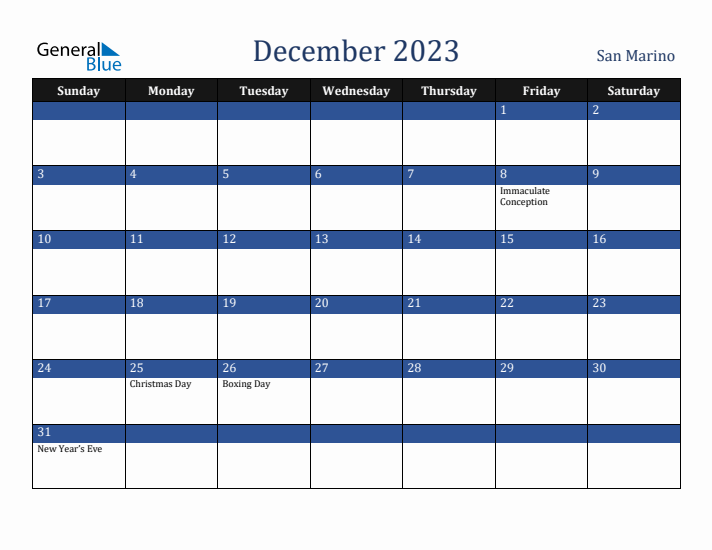 December 2023 San Marino Calendar (Sunday Start)