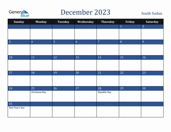 December 2023 South Sudan Calendar (Sunday Start)
