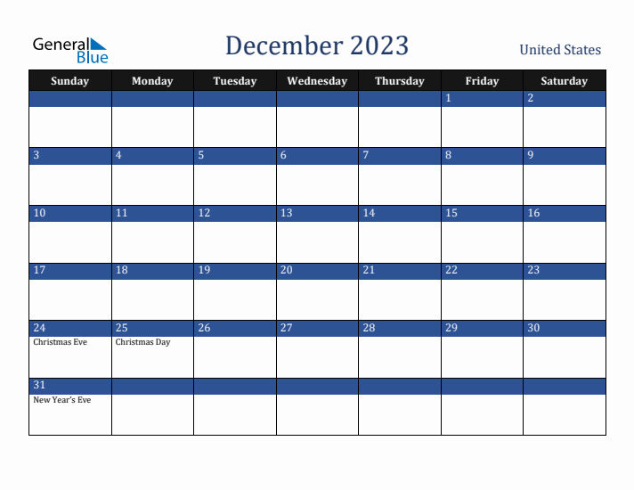 December 2023 United States Calendar (Sunday Start)