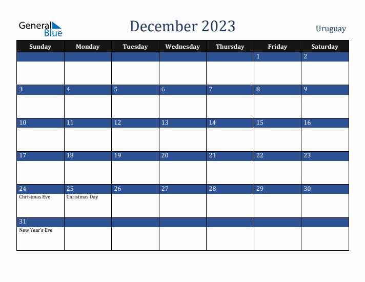 December 2023 Uruguay Calendar (Sunday Start)