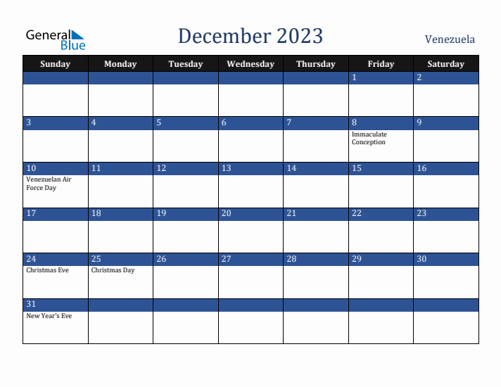 December 2023 Venezuela Calendar (Sunday Start)