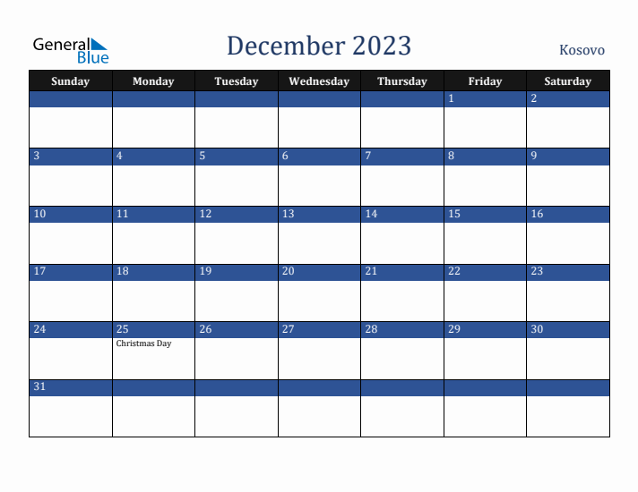 December 2023 Kosovo Calendar (Sunday Start)