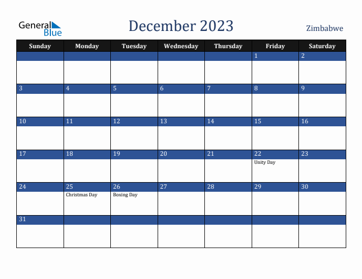 December 2023 Zimbabwe Calendar (Sunday Start)