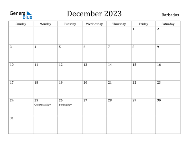 Barbados December 2023 Calendar with Holidays