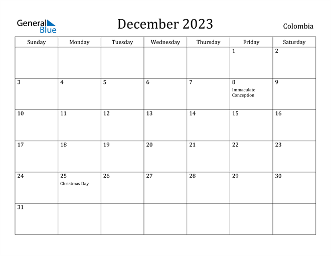 December 2023 Calendar Colombia