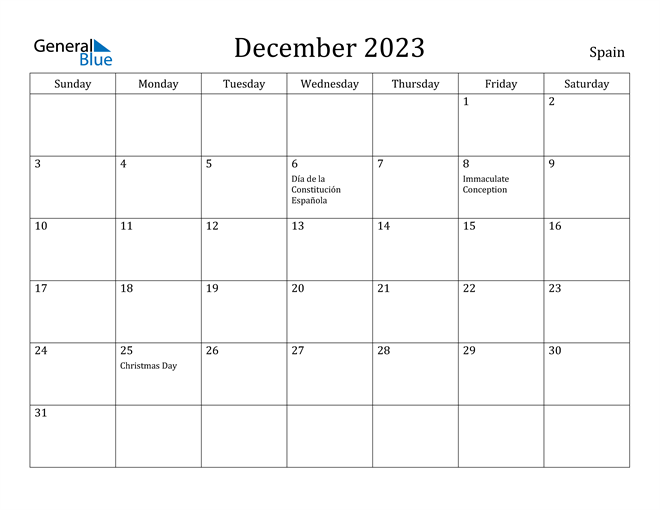 December 2023 Calendar with Spain Holidays