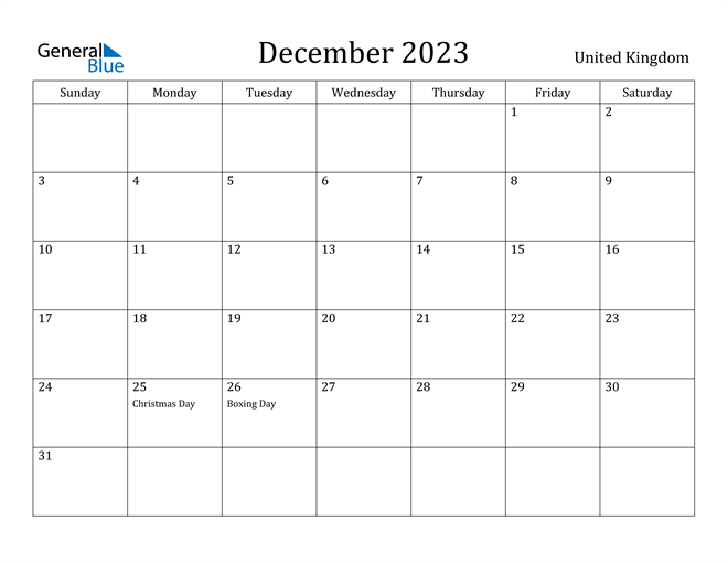 December 2023 Calendar United Kingdom