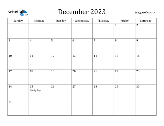 Mozambique December 2023 Calendar with Holidays