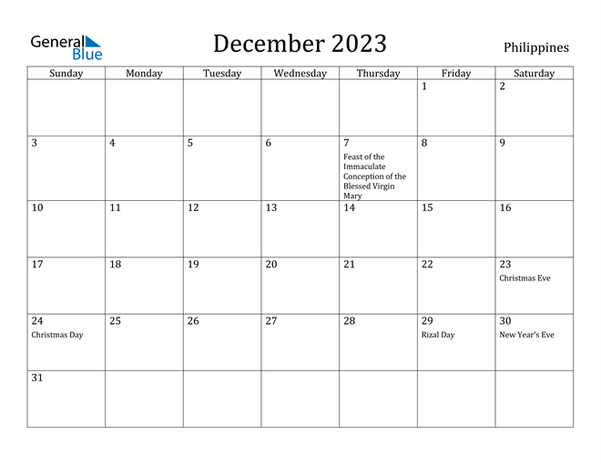 2023 Calendar Philippines With Holidays Printable December 2023 Calendar With Philippines Holidays