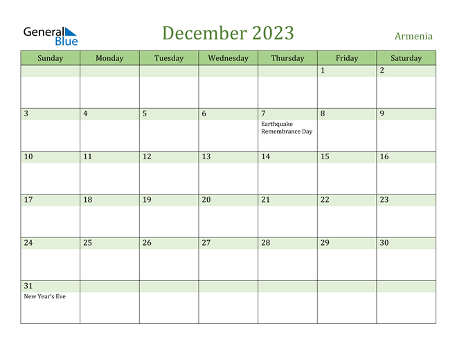 December 2023 Calendar with Armenia Holidays