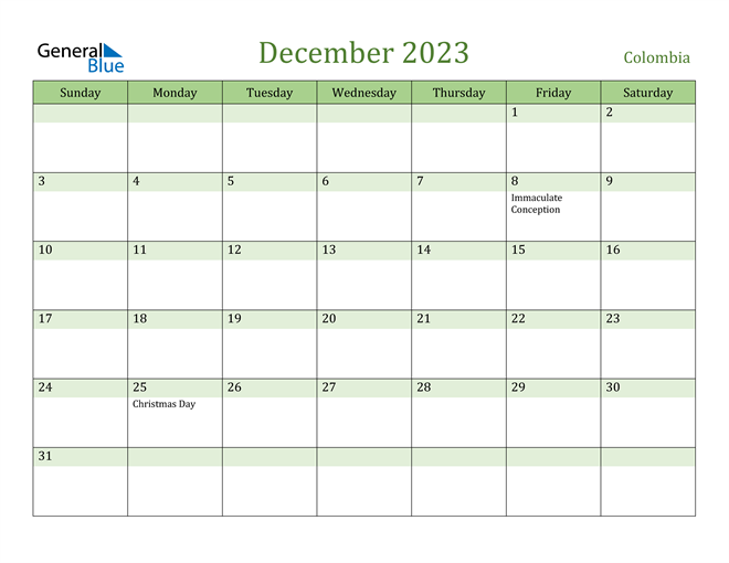 December 2023 Calendar with Colombia Holidays