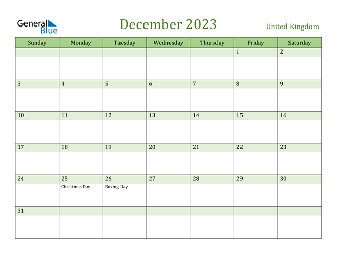 December 2023 Calendar with United Kingdom Holidays