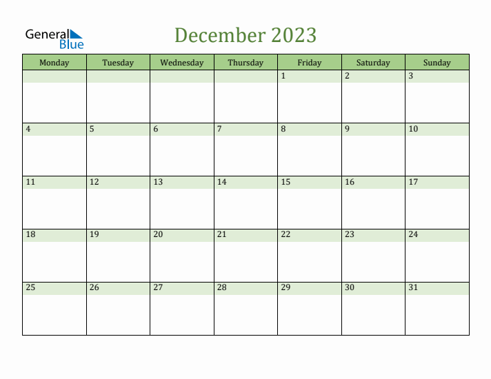 December 2023 Calendar with Monday Start