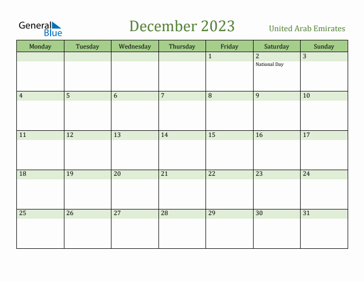 December 2023 Calendar with United Arab Emirates Holidays