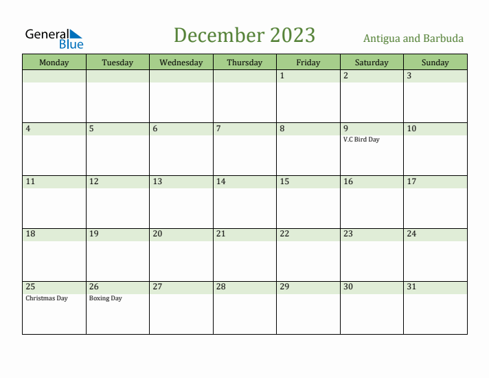 December 2023 Calendar with Antigua and Barbuda Holidays