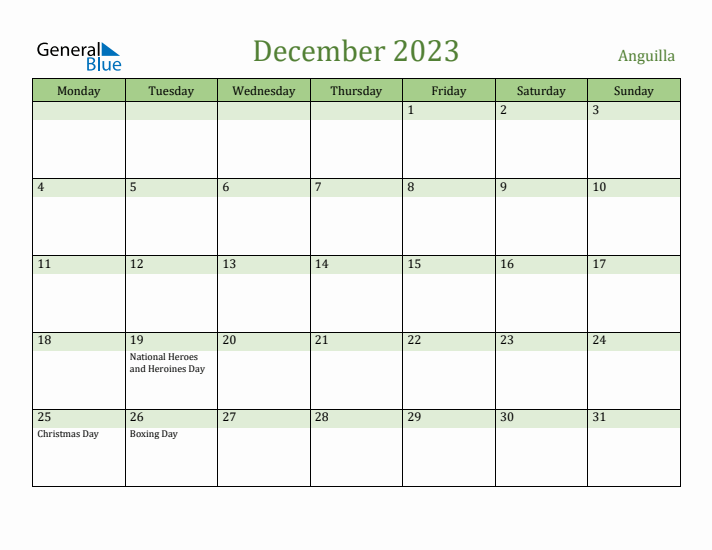 December 2023 Calendar with Anguilla Holidays