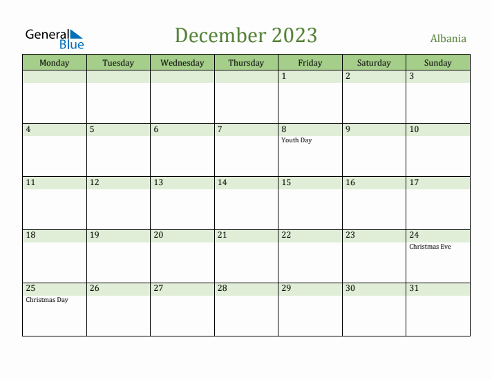 December 2023 Calendar with Albania Holidays