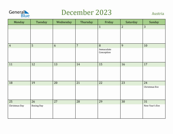 December 2023 Calendar with Austria Holidays