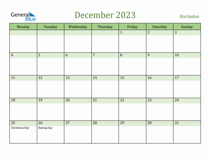 December 2023 Calendar with Barbados Holidays