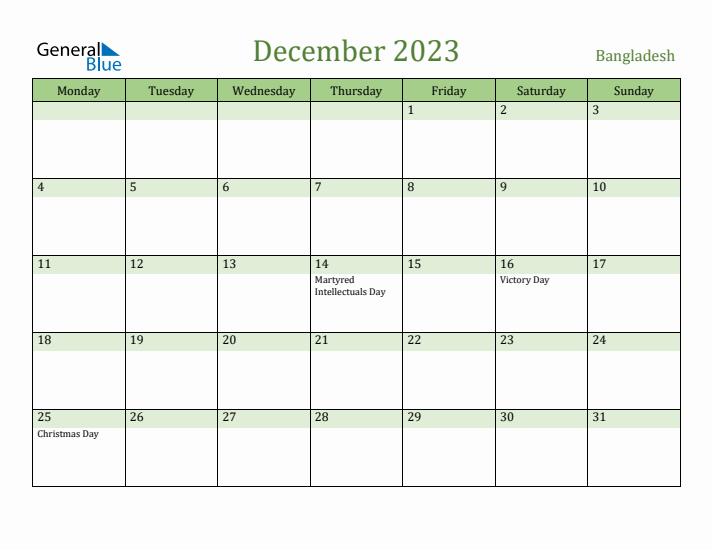 December 2023 Calendar with Bangladesh Holidays