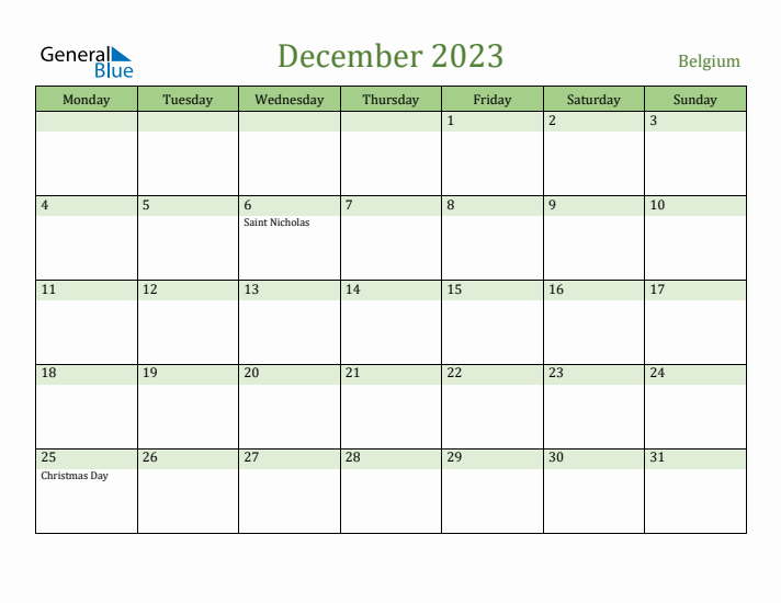 December 2023 Calendar with Belgium Holidays