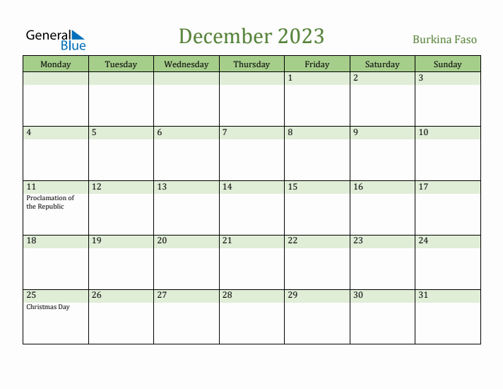 December 2023 Calendar with Burkina Faso Holidays
