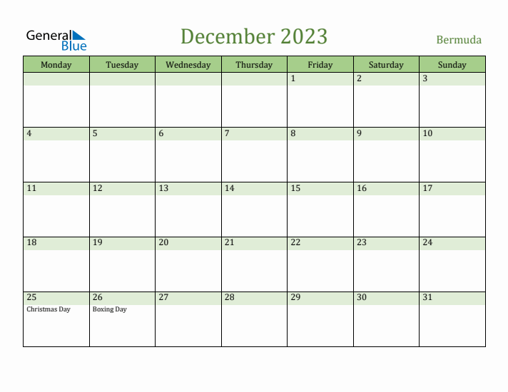 December 2023 Calendar with Bermuda Holidays