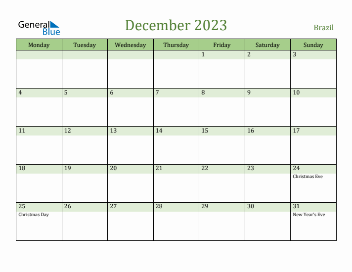 December 2023 Calendar with Brazil Holidays