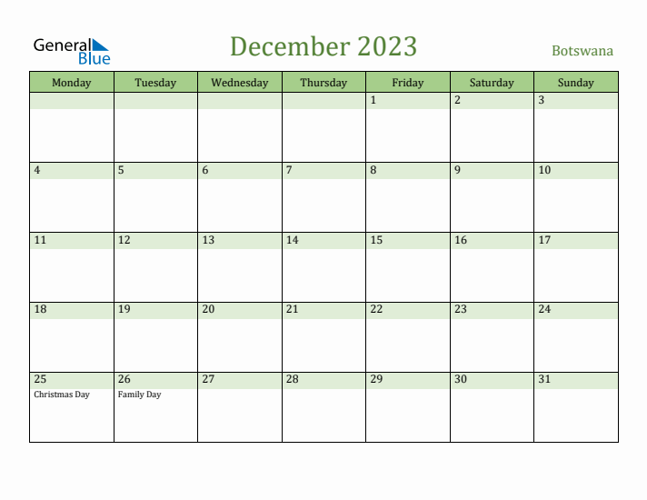 December 2023 Calendar with Botswana Holidays