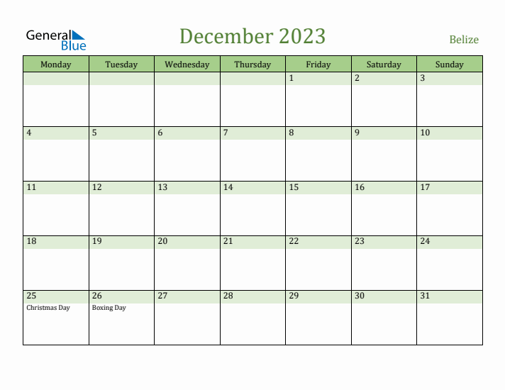 December 2023 Calendar with Belize Holidays
