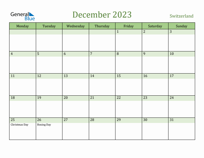 December 2023 Calendar with Switzerland Holidays