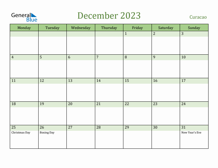 December 2023 Calendar with Curacao Holidays