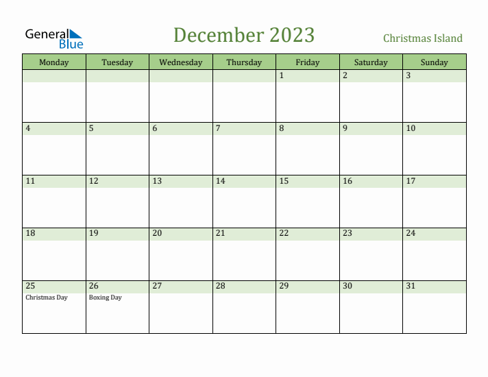 December 2023 Calendar with Christmas Island Holidays