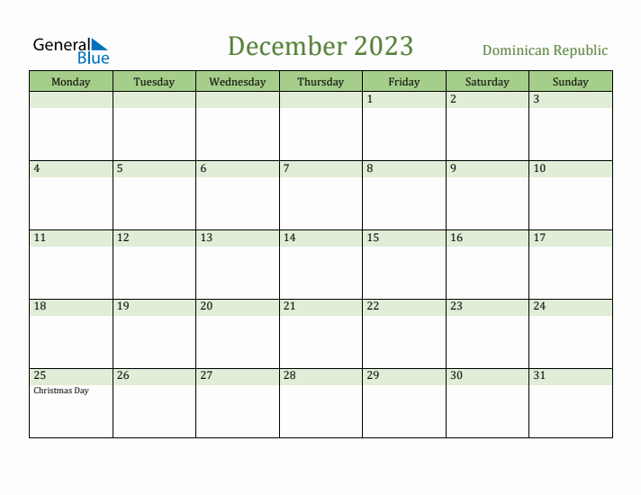 December 2023 Calendar with Dominican Republic Holidays