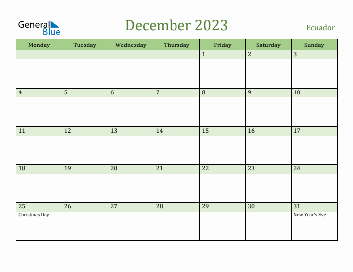 December 2023 Calendar with Ecuador Holidays