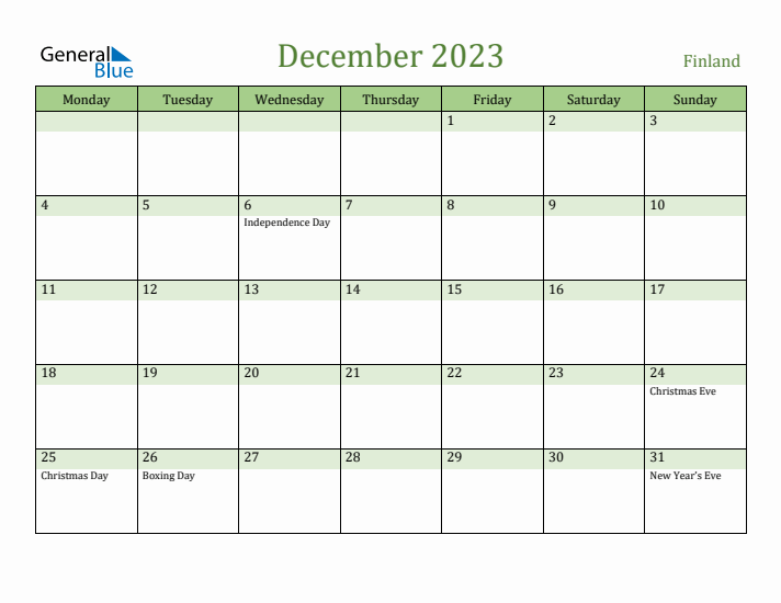 December 2023 Calendar with Finland Holidays