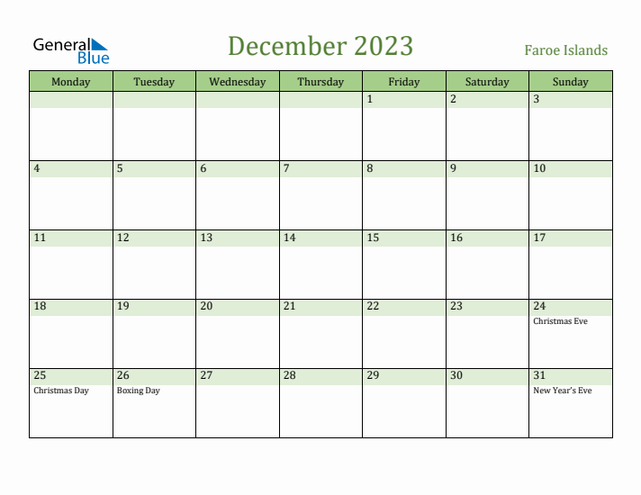 December 2023 Calendar with Faroe Islands Holidays