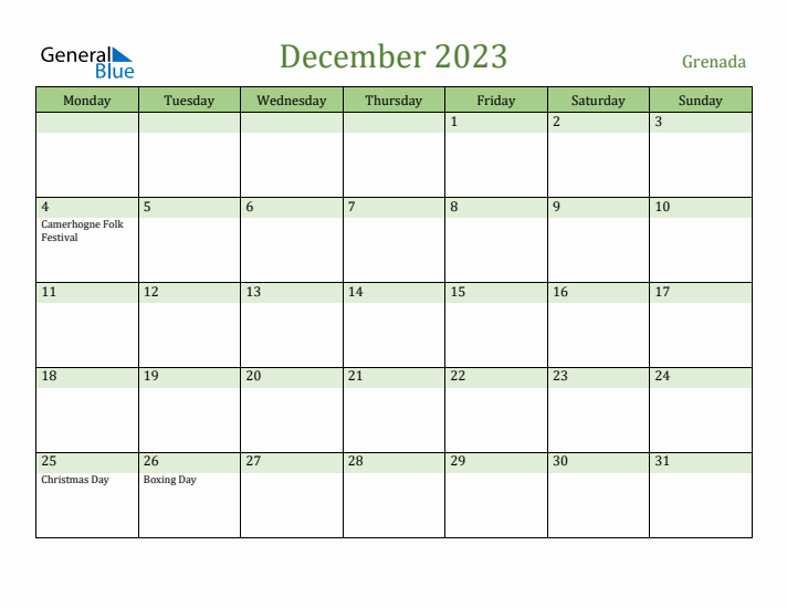 December 2023 Calendar with Grenada Holidays