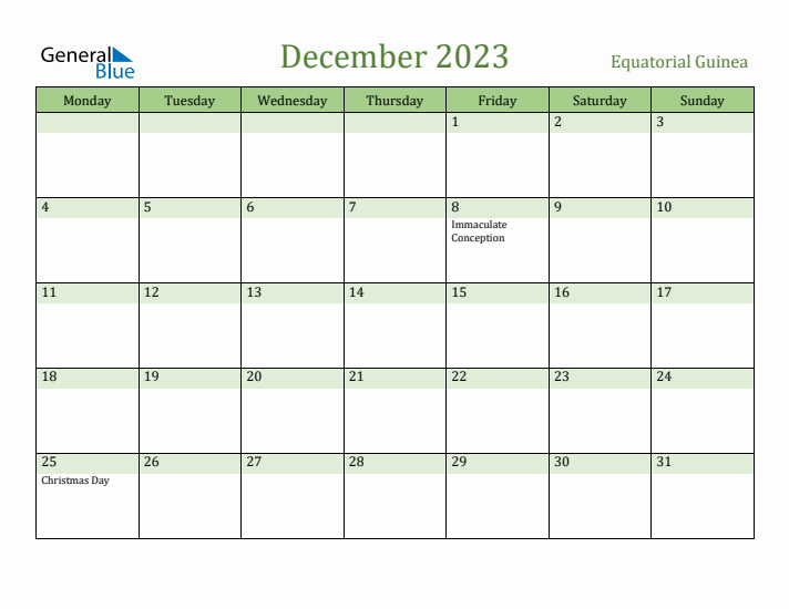 December 2023 Calendar with Equatorial Guinea Holidays