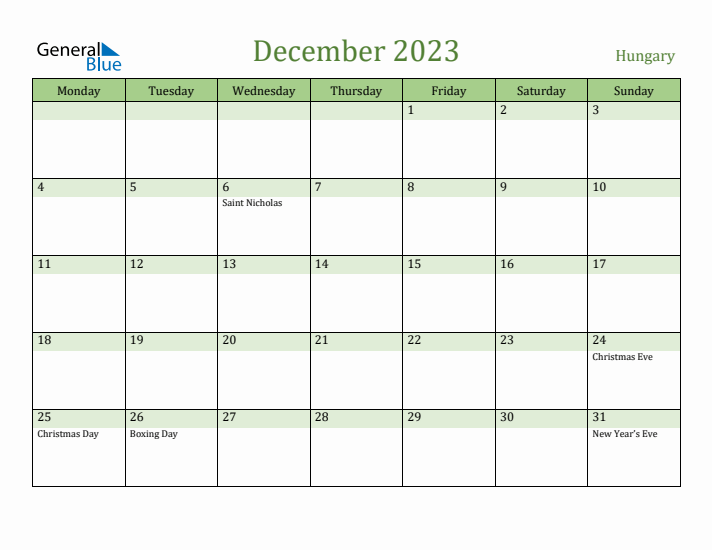 December 2023 Calendar with Hungary Holidays