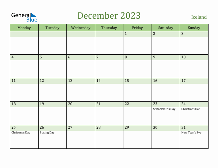 December 2023 Calendar with Iceland Holidays