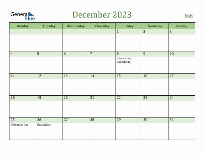 December 2023 Calendar with Italy Holidays