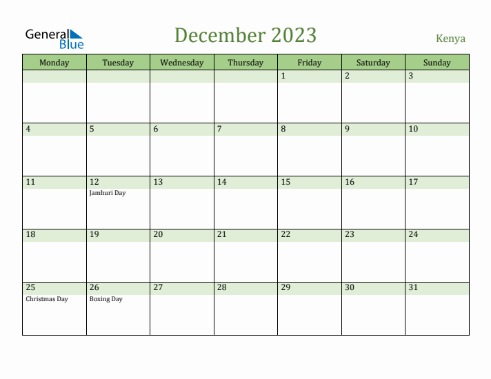 December 2023 Calendar with Kenya Holidays