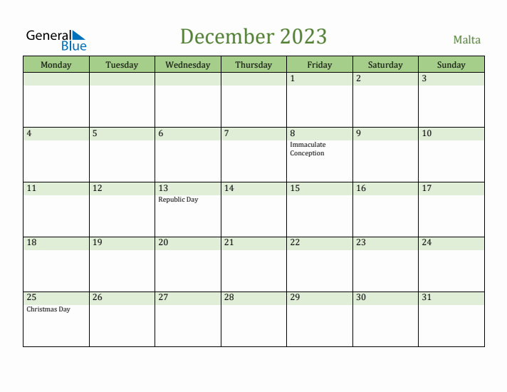 December 2023 Calendar with Malta Holidays