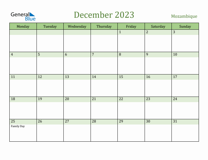 December 2023 Calendar with Mozambique Holidays