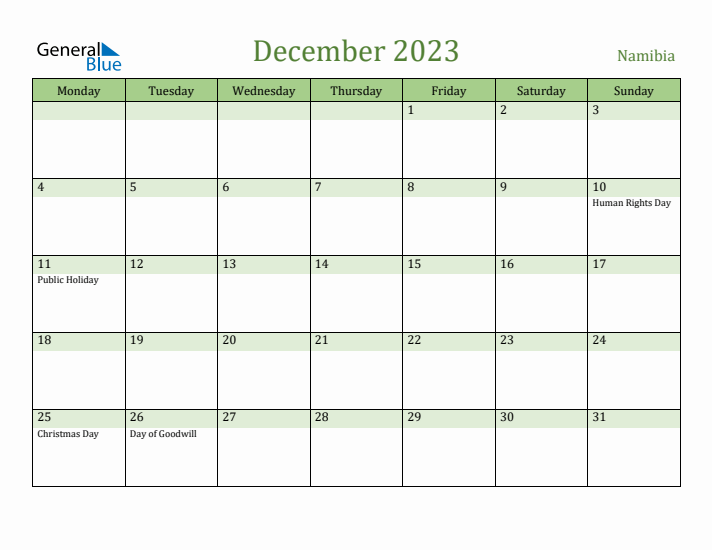 December 2023 Calendar with Namibia Holidays