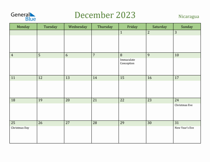 December 2023 Calendar with Nicaragua Holidays