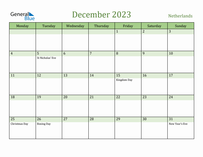 December 2023 Calendar with The Netherlands Holidays